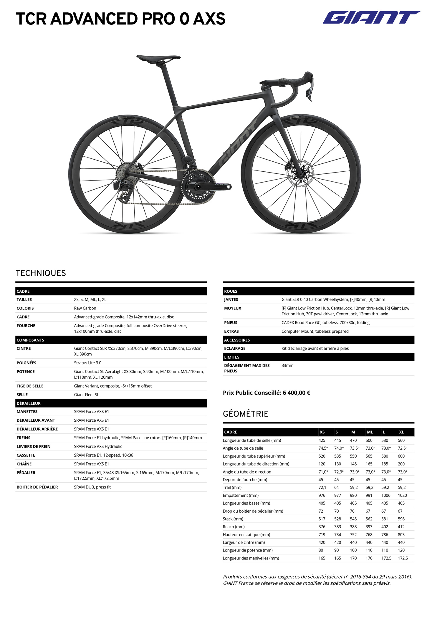 Fiche technique du velo TCR Advanced Pro 0 AXS année 2027